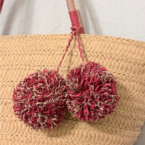 LOFT Woven Tan Tote with Red and Cream Pom Pom Accents - Picture 6 of 10